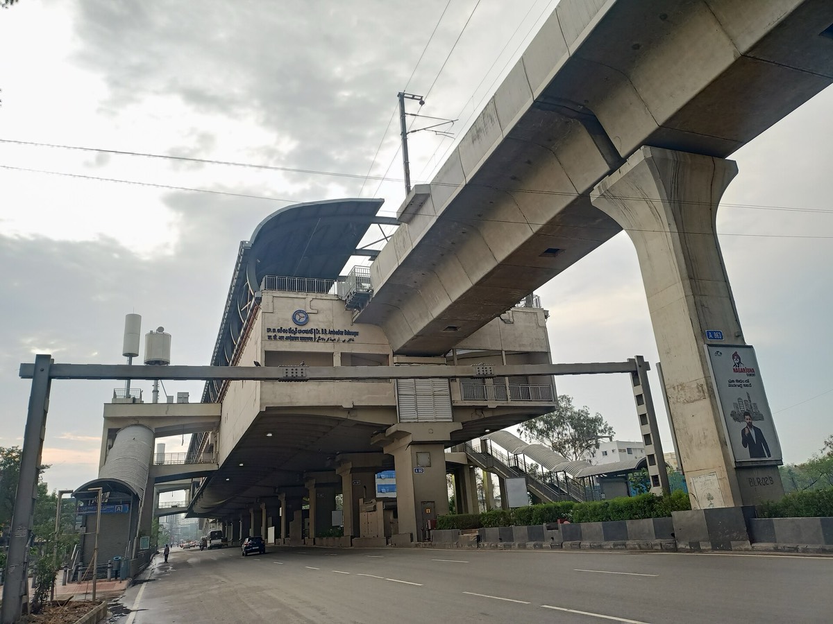 The metro station and road at Balanagar, Hyderabad.